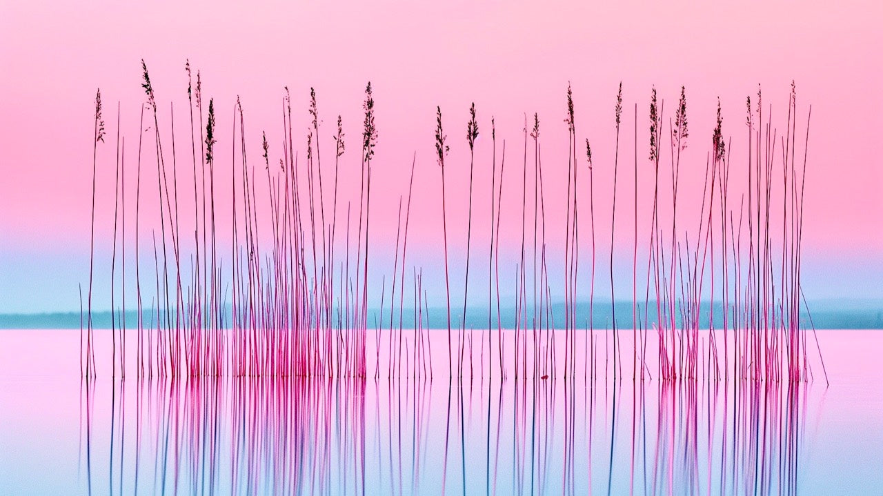 Pink and blue reeds reflected in water